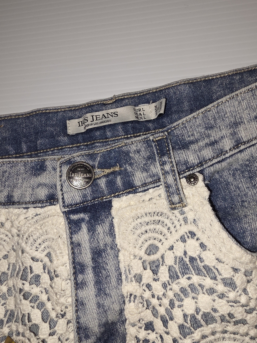 Women's Juniors Blue Denim Crochet Accent Jeans